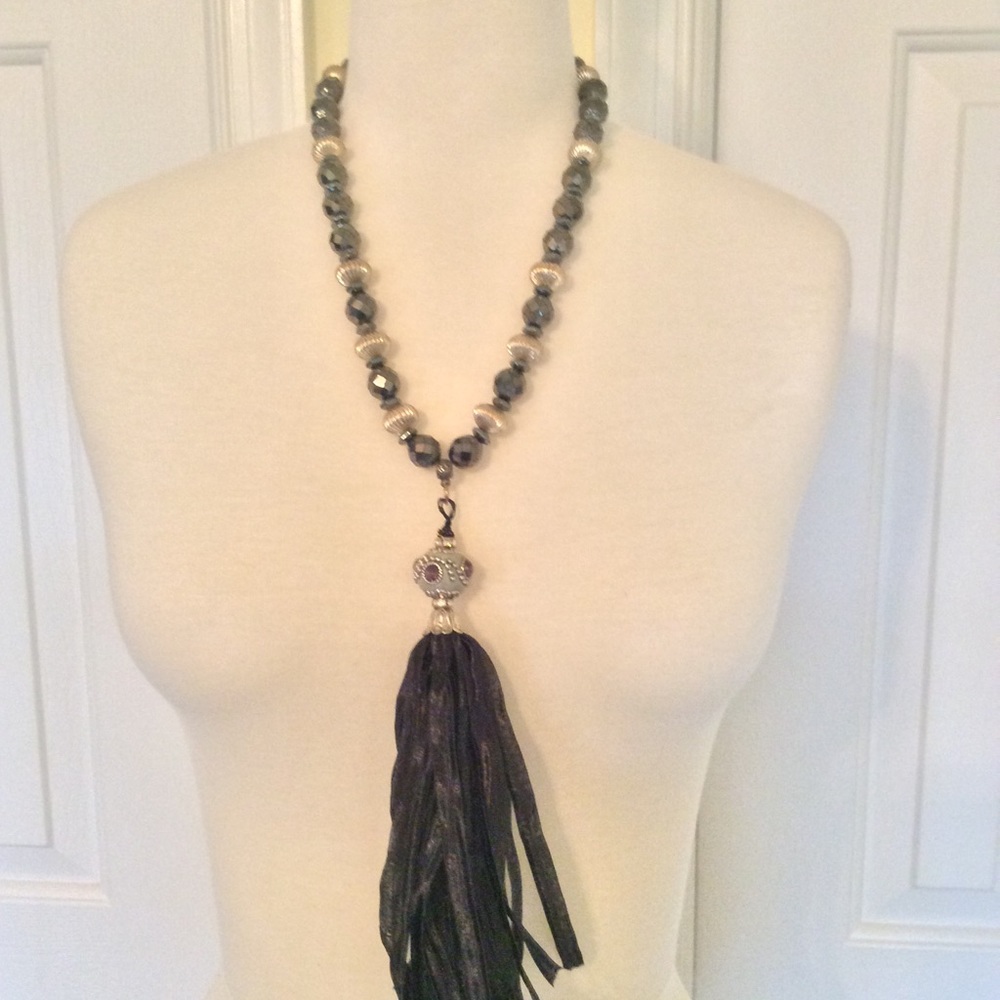 Black iridescent faceted bead, tassel necklace